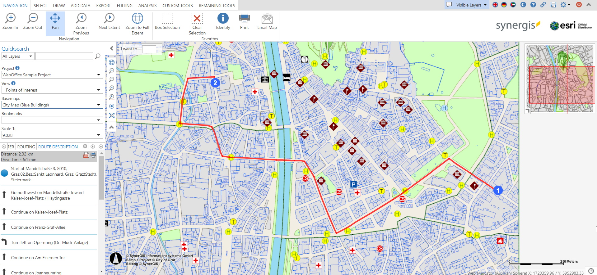 Display of the calculated route in the WebOffice core client