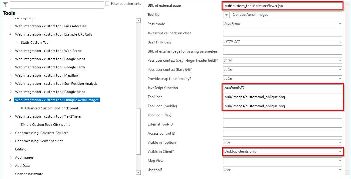 Configuring a custom tool for the presentation of oblique aerial images