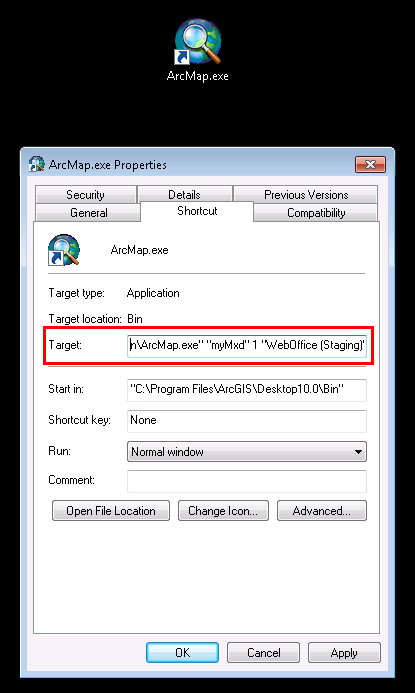 Add parameters to the target of ArcMap.exe