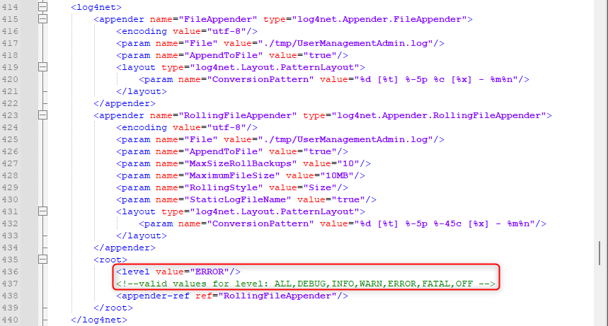 Define the WebOffice usermanagement log level in the file web.config
