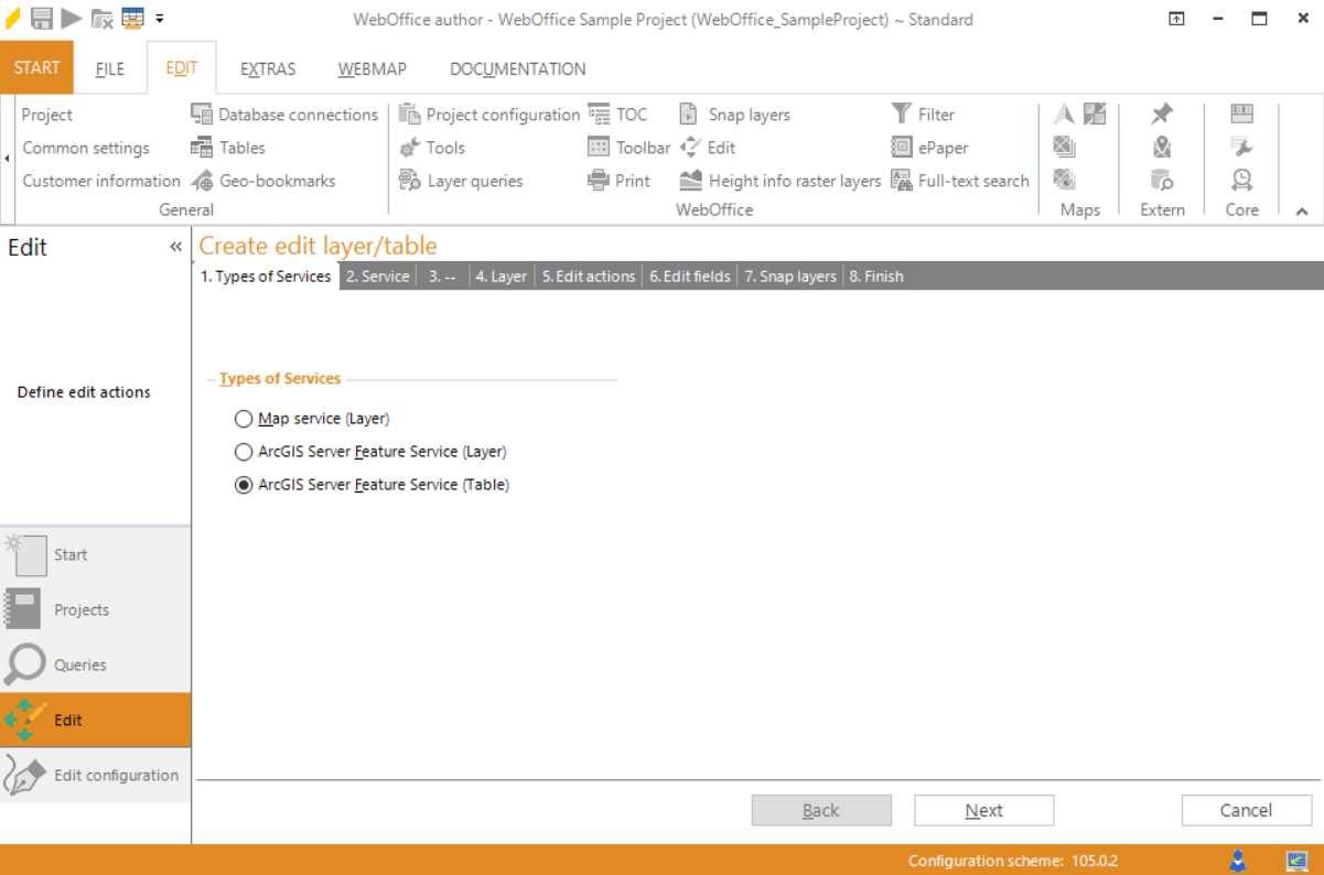 Wizard "Create edit layer/table" - ArcGIS Server Feature Service (Table)