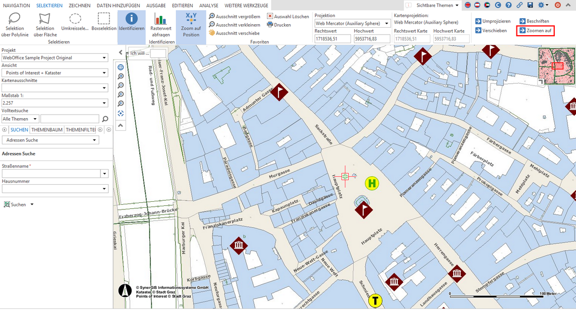 Zoom auf Koordinaten im Werkzeug Zoom auf Position im WebOffice core Client