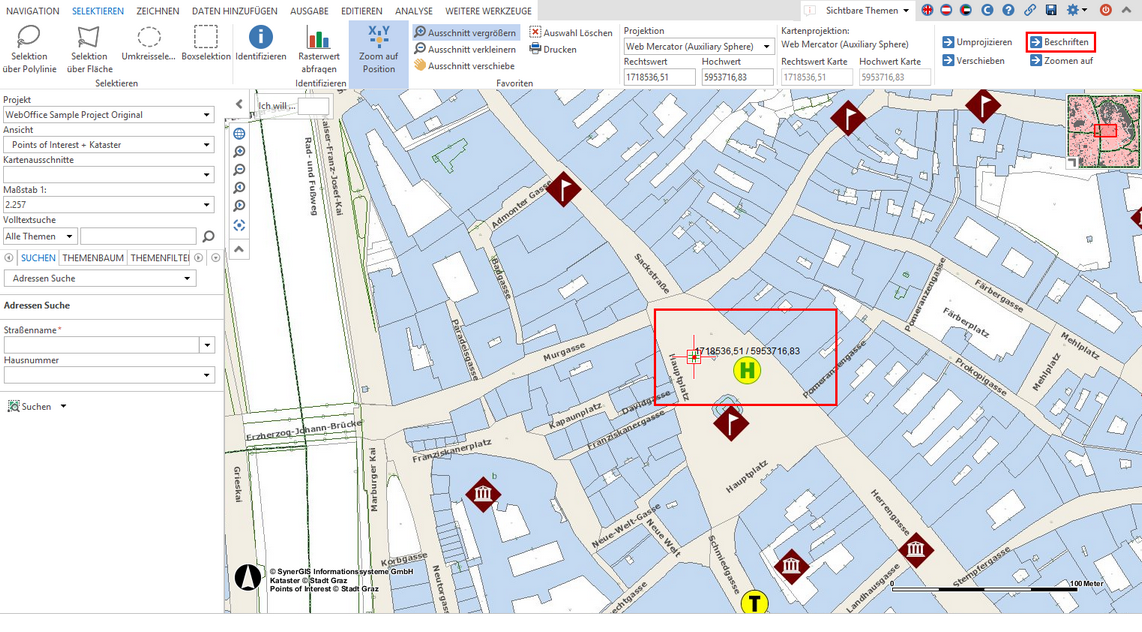 Koordinaten beschriften im Werkzeug Zoom auf Position im WebOffice core Client