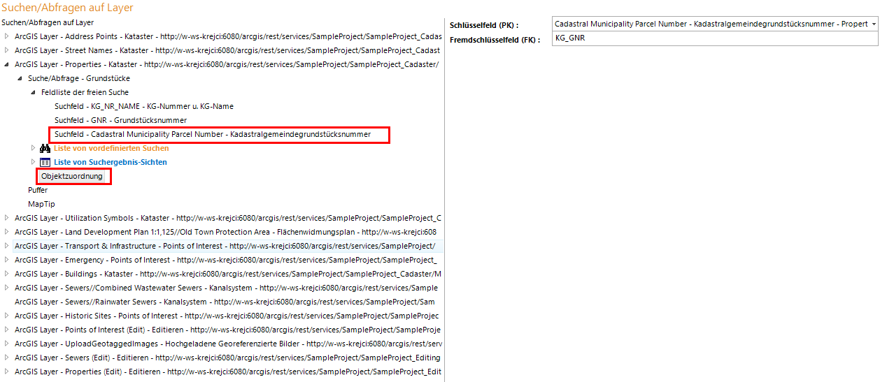 Konfiguration einer Objektzuordnung des Quell-Llayers im Bereich der Suchen / Abfragen auf Layer