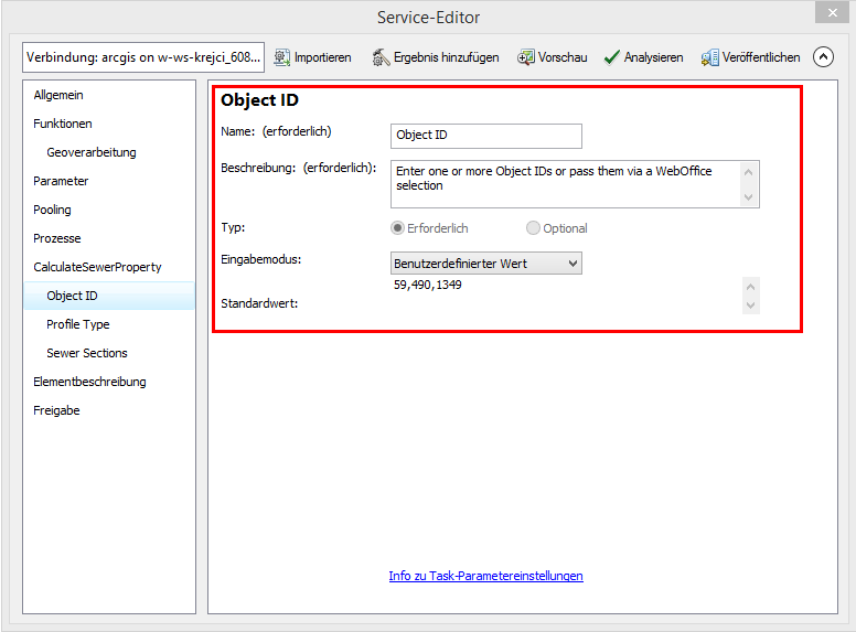 Geoprocessing Task Einstellungen im Service Editor