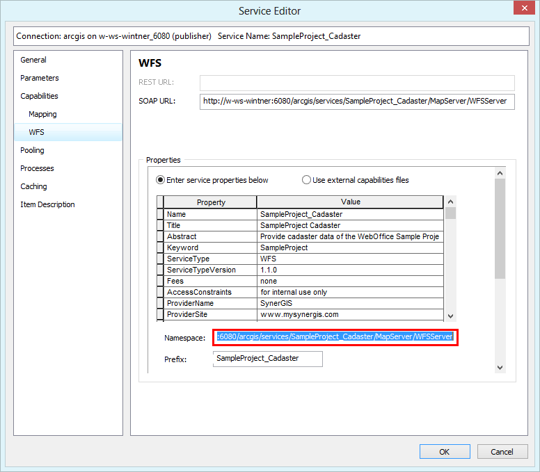 Wird der WFS-Dienst auf einem ArcGIS Server gehostet, dann kopieren Sie die URL aus dem Service Editor