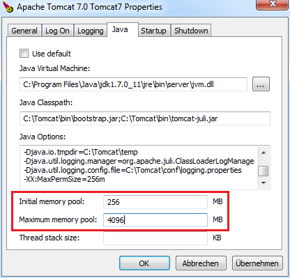 Apache Tomcat Konfiguration - Java Speichereinstellungen