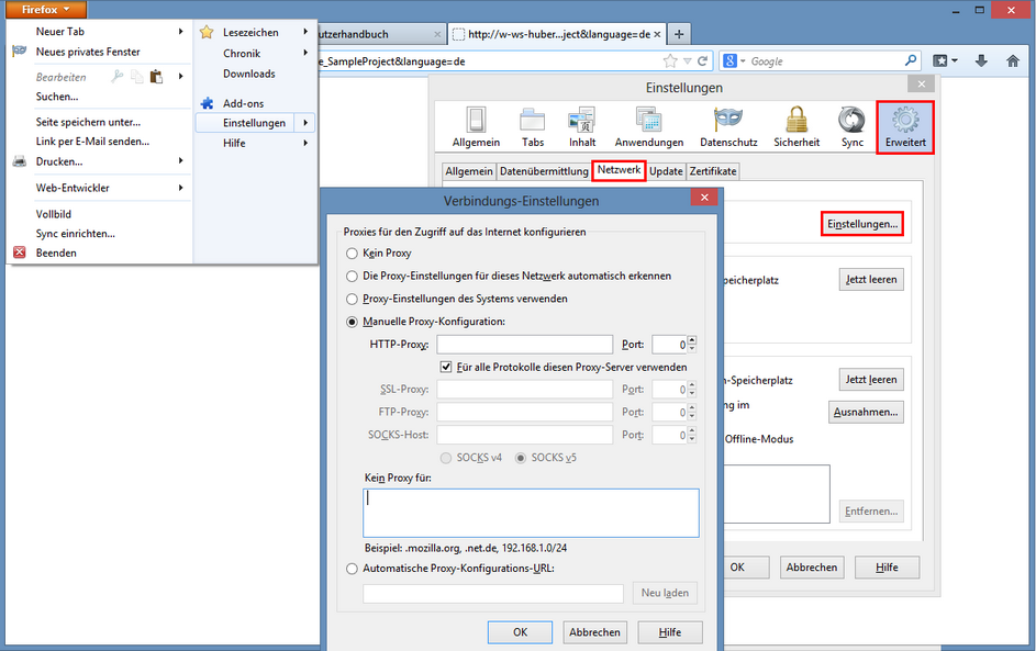 Konfiguration der Proxyserver-Einstellungen in Mozilla Firefox