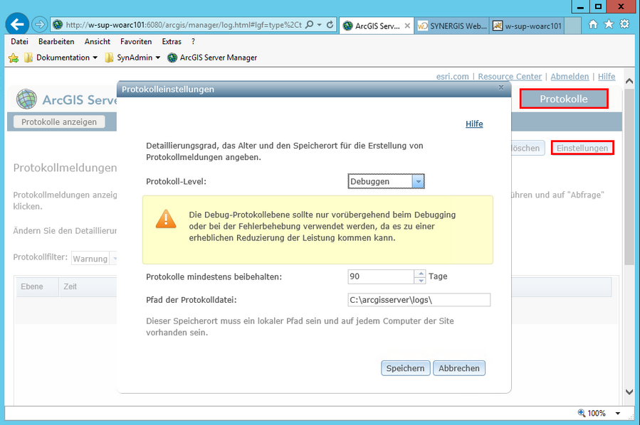 Festlegen des Protokoll-Levels (Loglevels) im ArcGIS Server Manager Festlegen des Protokoll-Levels (Loglevels) im ArcGIS Server Manager