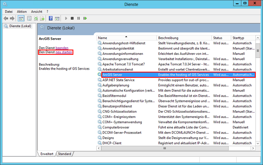 ArcGIS Server Dienst neu starten in den Windows Diensten ArcGIS Server Dienst neu starten in den Windows Diensten