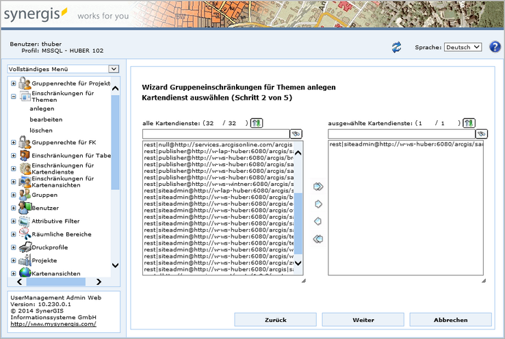 Anlegen Gruppeneinschränkungen für Themen - Schritt 2 Kartendienst auswählen