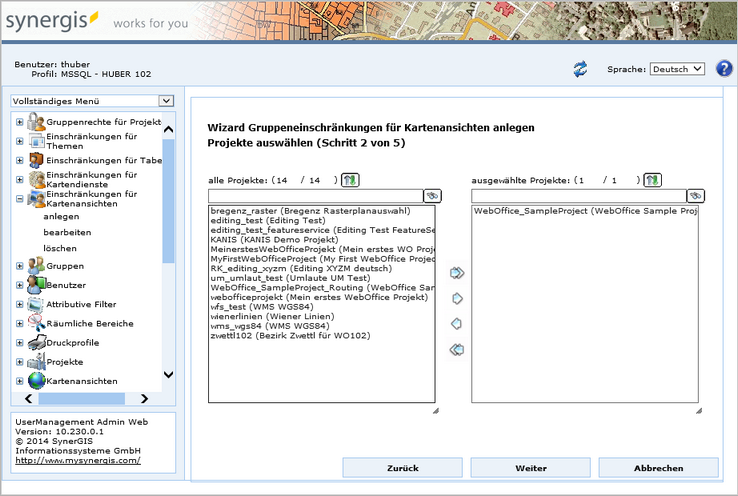 Gruppeneinschränkungen für Kartenansichten anlegen - Schritt 2 Projekte auswählen