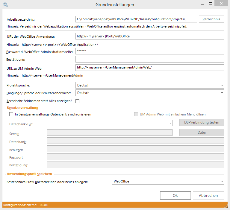 Grundeinstellungen im WebOffice author