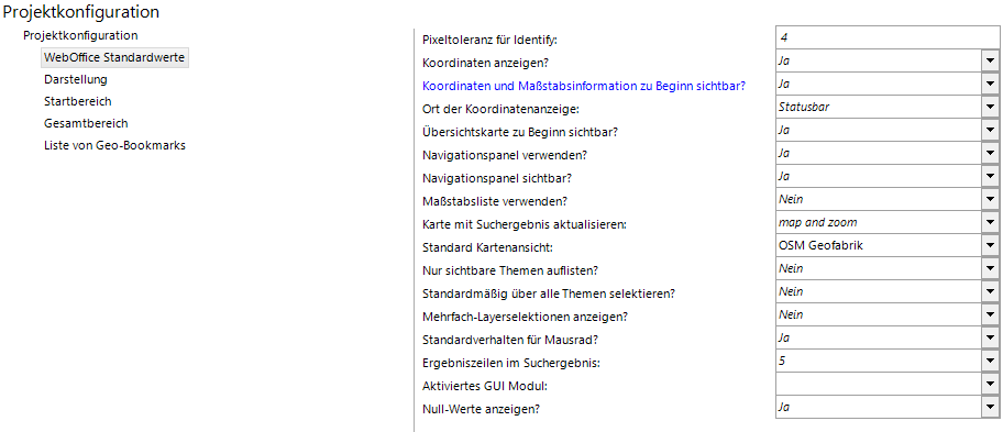 WebOffice Standardwerte