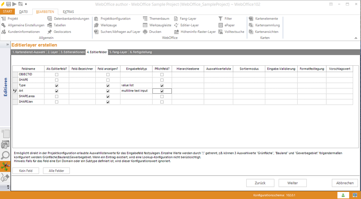 Assistent "Editierlayer erstellen" - Editierfelder auswählen Assistent "Editierlayer erstellen" - Editierfelder auswählen