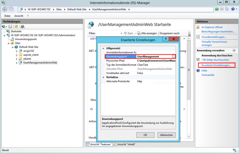 Weisen Sie den Anwendungspool UserManagement Ihrer UserManagement Admin Web Anwendung zu Weisen Sie den Anwendungspool UserManagement Ihrer UserManagement Admin Web Anwendung zu