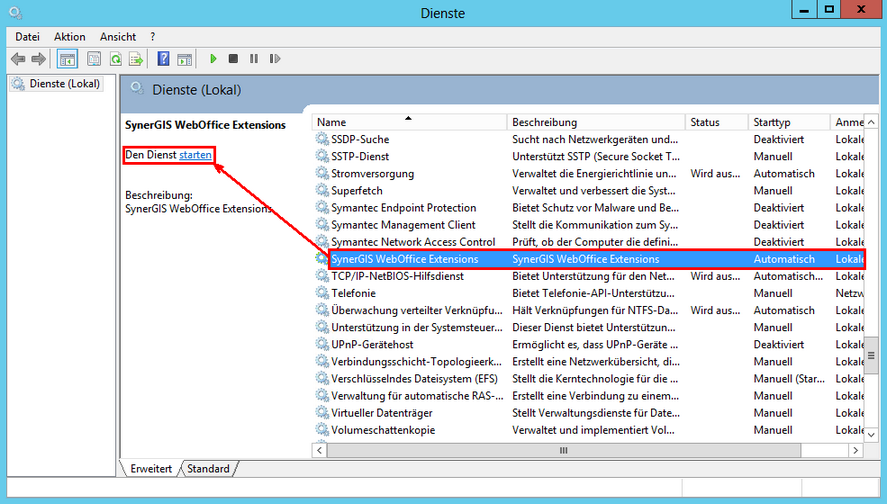 Starten des SynerGIS WebOffice Extensions Dienst Starten des SynerGIS WebOffice Extensions Dienst