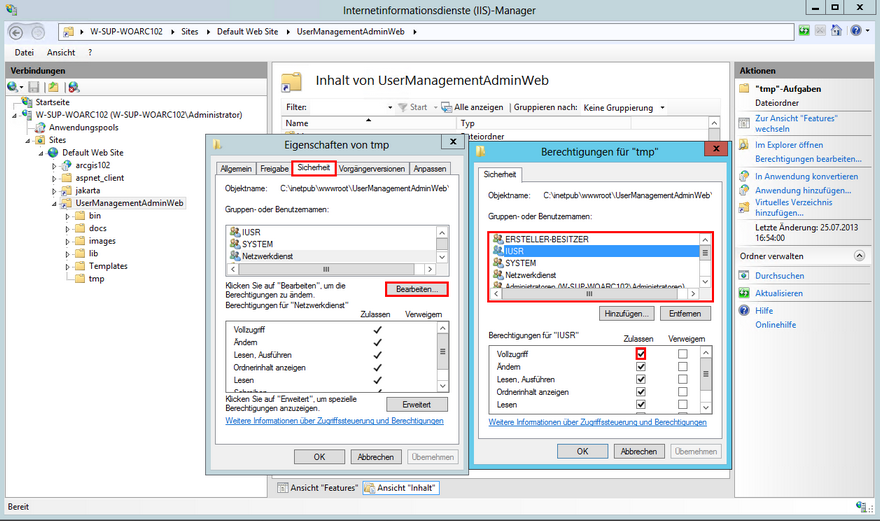 Anpassen der Berechtigungen für IIS_IUSRS, IUSR, IIS_WPG, NETZWERKDIENST