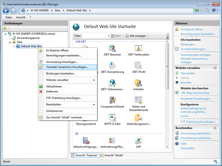 Erstellen eines virtuellen Verzeichnisses mit dem Namen "UserManagementAdminWeb" Erstellen eines virtuellen Verzeichnisses mit dem Namen "UserManagementAdminWeb"