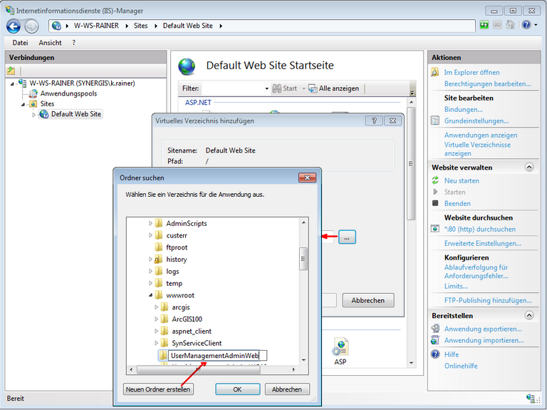 Verzeichnis zu den UserManagementAdminWeb Daten festlegen Verzeichnis zu den UserManagementAdminWeb Daten festlegen