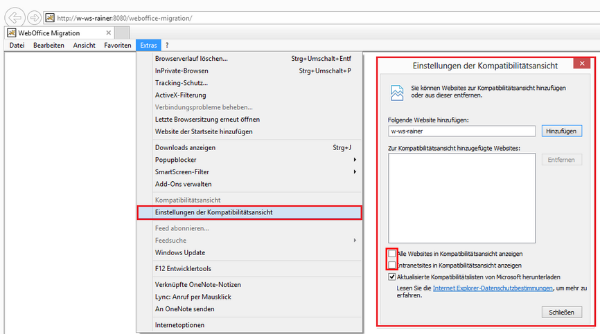 Einstellungen der Kompatibilitätsansicht ändern im Internet Explorer