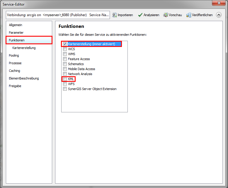 "KML" in den Funktionen deselektieren