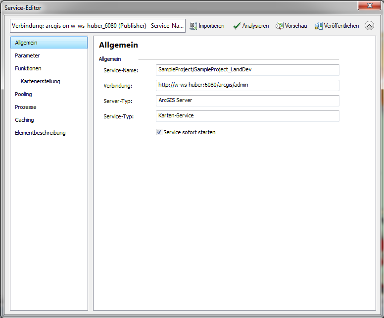 Einstellungen im Service-Editor