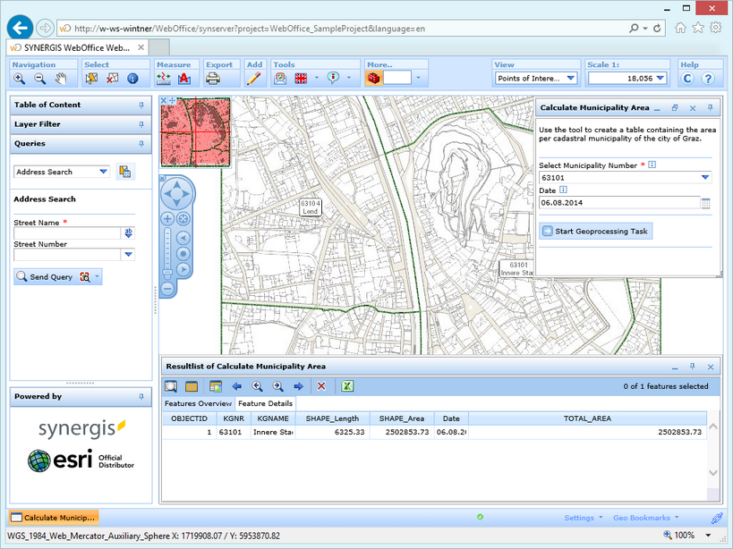 Activated Calculate Municipality Area tool in the WebOffice html client