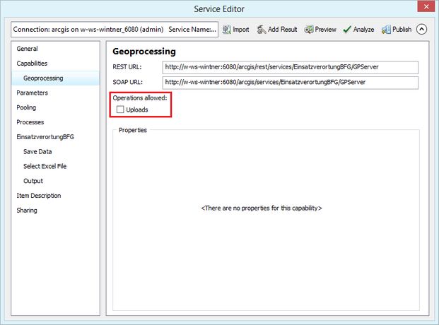 Geoprocessing settings in the service editor Geoprocessing settings in the service editor
