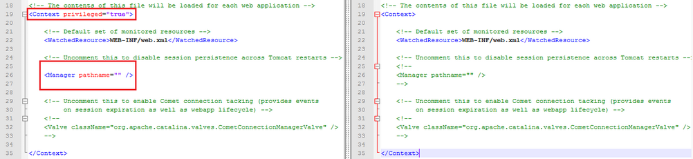Changes in context.xml; on the right side the default file, on the left side with required changes