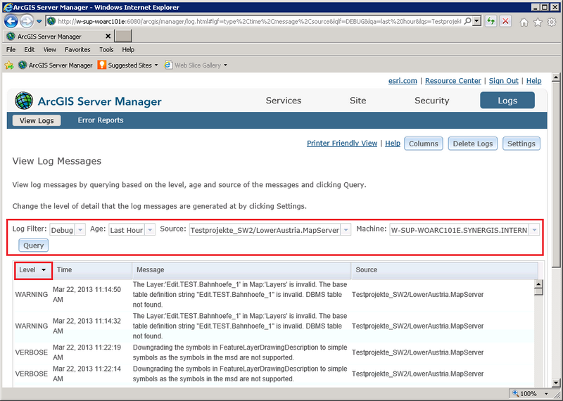 Example log showing that the layer "Edit.TEST.Bahnhoefe_1" is invalid. Therefore, no map content or queries for this layer would be available in WebOffice 10.2 SP3 Example log showing that the layer "Edit.TEST.Bahnhoefe_1" is invalid. Therefore, no map content or queries for this layer would be available in WebOffice 10.2 SP3