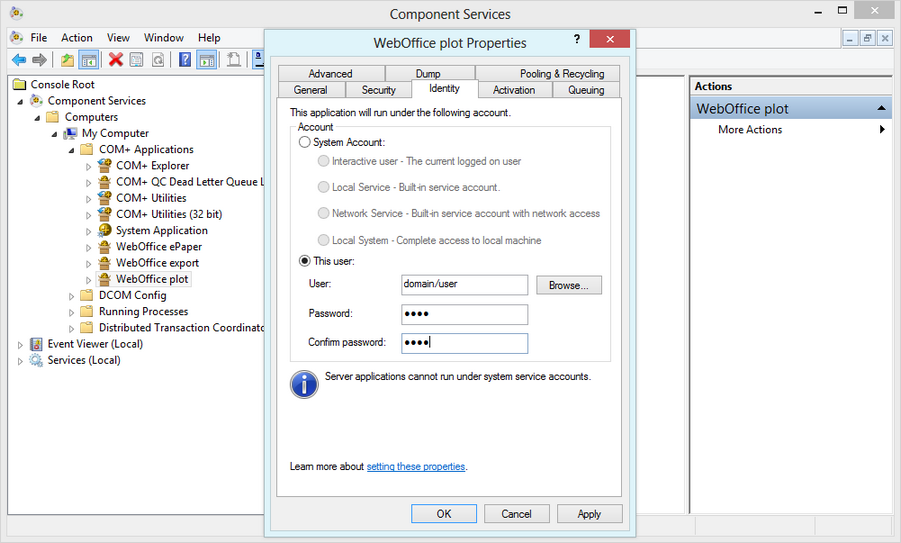 Com+ Application WebOffice plot - Define a specific user account Com+ Application WebOffice plot - Define a specific user account
