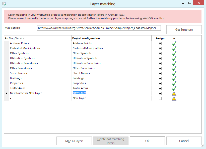 Assigning the existing WebOffice 10.2 SP3 layer to the changed ArcMap layer