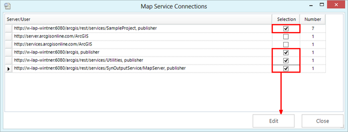 Selecting map service connections to be changed Selecting map service connections to be changed
