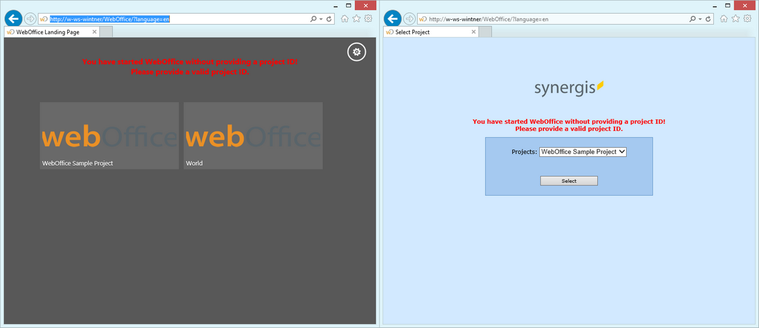 Call of a WebOffice 10.2 SP3 application without specification of a project in German language (left: traditional / right: modern)