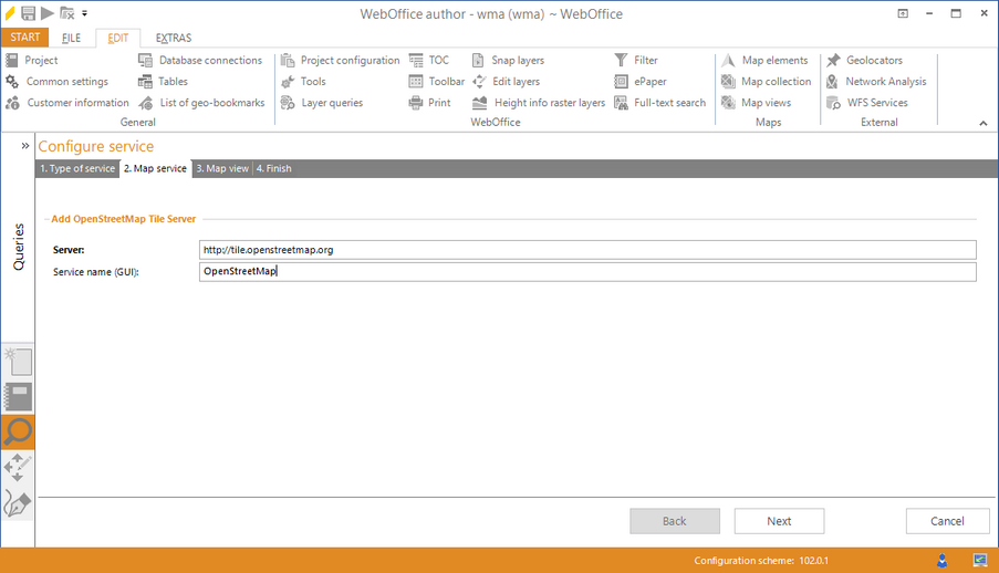 Wizard "Add service" - select an OpenStreetMap tile server Wizard "Add service" - select an OpenStreetMap tile server