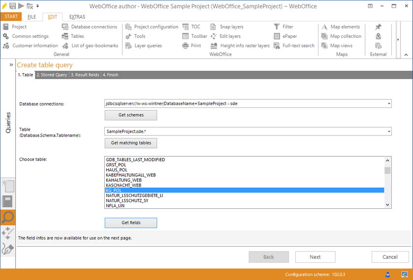Wizard "Create table query" - choose table
