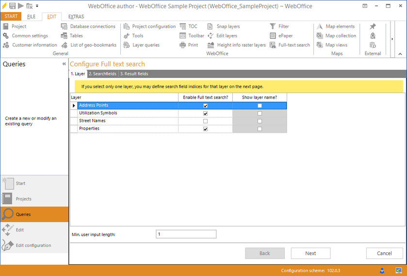Starting the wizard "Full-text search" - layer