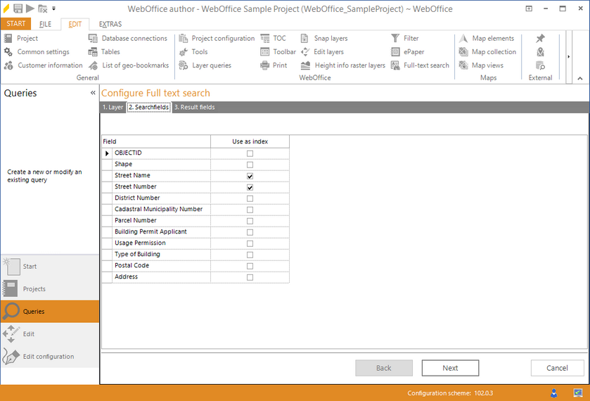 Starting the wizard "Full-text search" - search fields