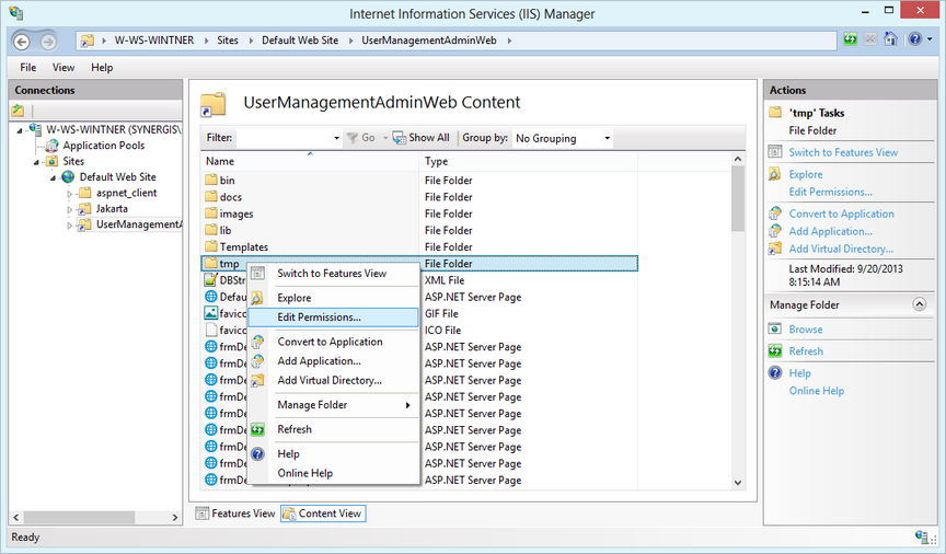 Open properties page for tmp directory