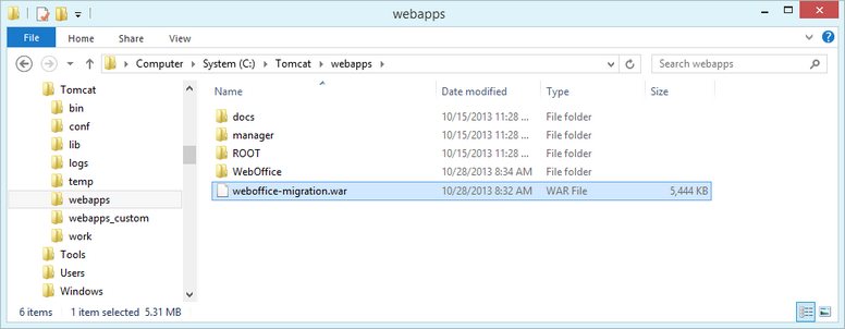 Tomcat web application directory with weboffice-migration.war