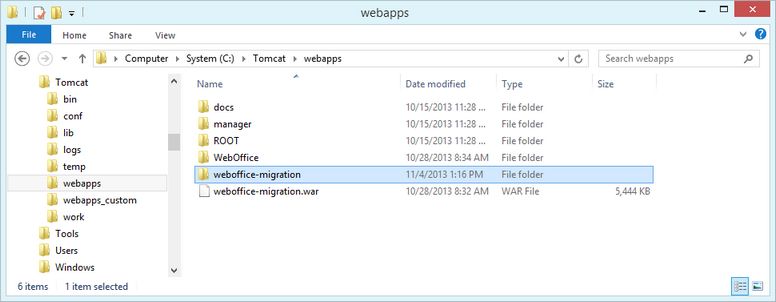 Tomcat web application directory with the folder weboffice-migration