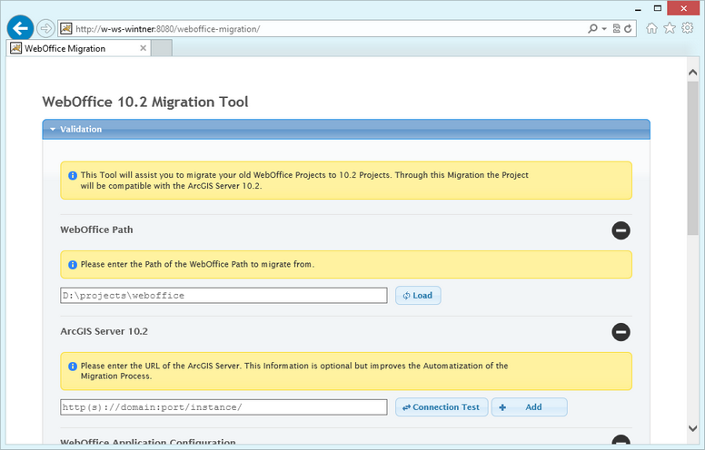 Initial page of the WebOffice 10.2 Migration Tool 