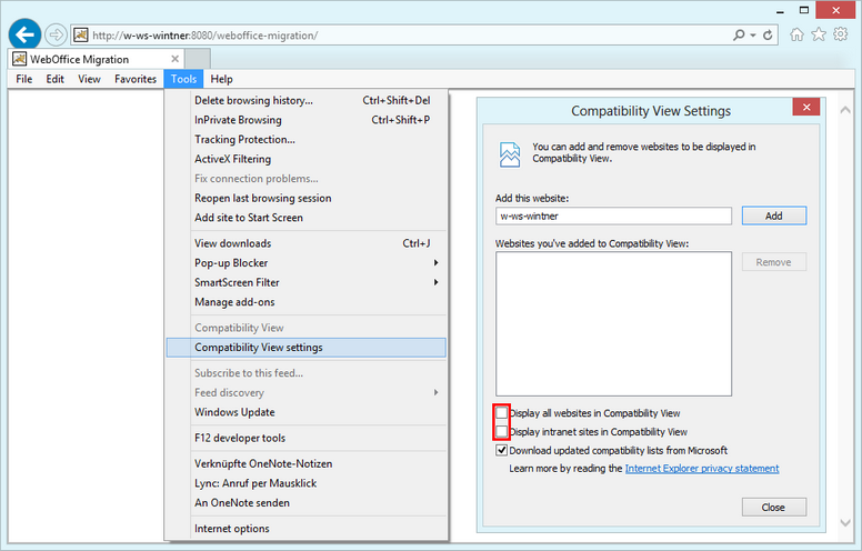 Change compatibility view settings in the Internet Explorer