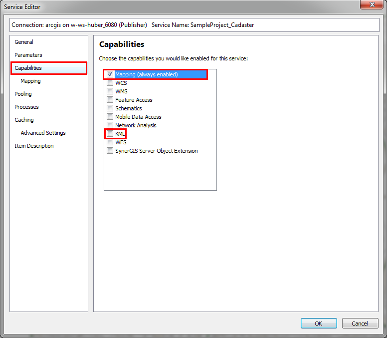 Deselect "KML" in the capabilities