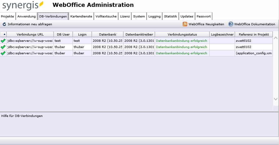 SynAdmin - Reiter Datenbank-Verbindungen SynAdmin - Reiter Datenbank-Verbindungen