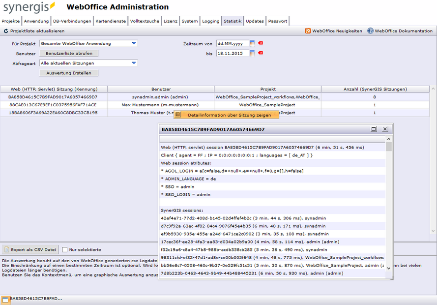 SynAdmin Reiter Statistik - Alle aktuellen Sitzungen SynAdmin Reiter Statistik - Alle aktuellen Sitzungen