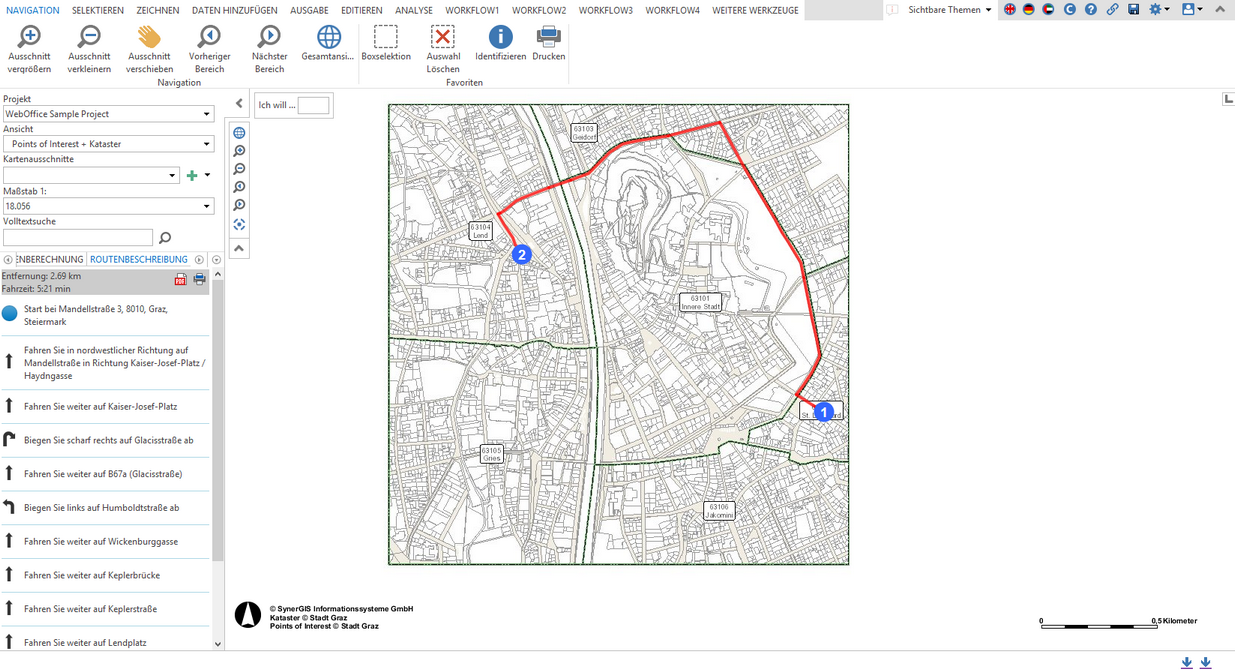 Darstellung der berechneten Route im WebOffice 10.3 SP2 Core Client