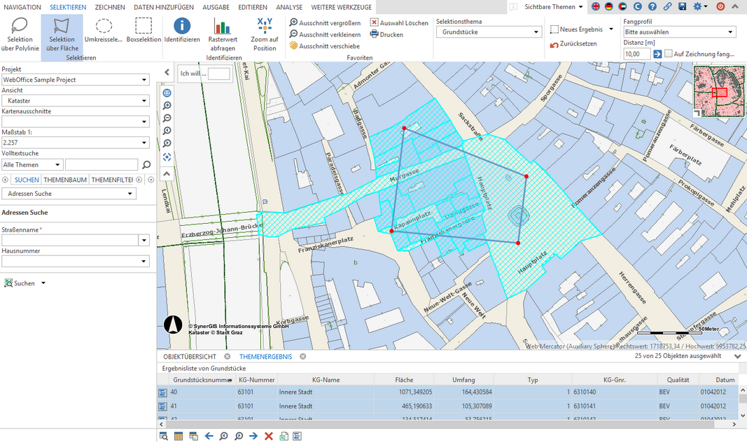 Erstellen einer Selektion durch Benutzung eines Polygons mit dem Werkzeug Selektion über Fläche im WebOffice core Client