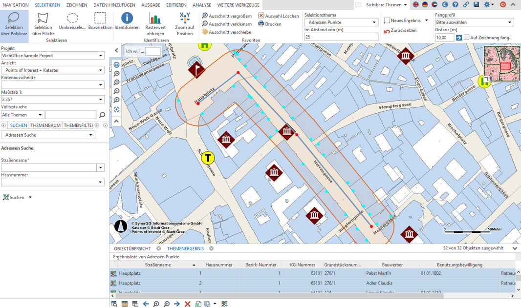 Auswahl von Objekten mit dem Werkzeug Selektion über Polyline durch Benutzung der Pufferdistanz im WebOffice core Client